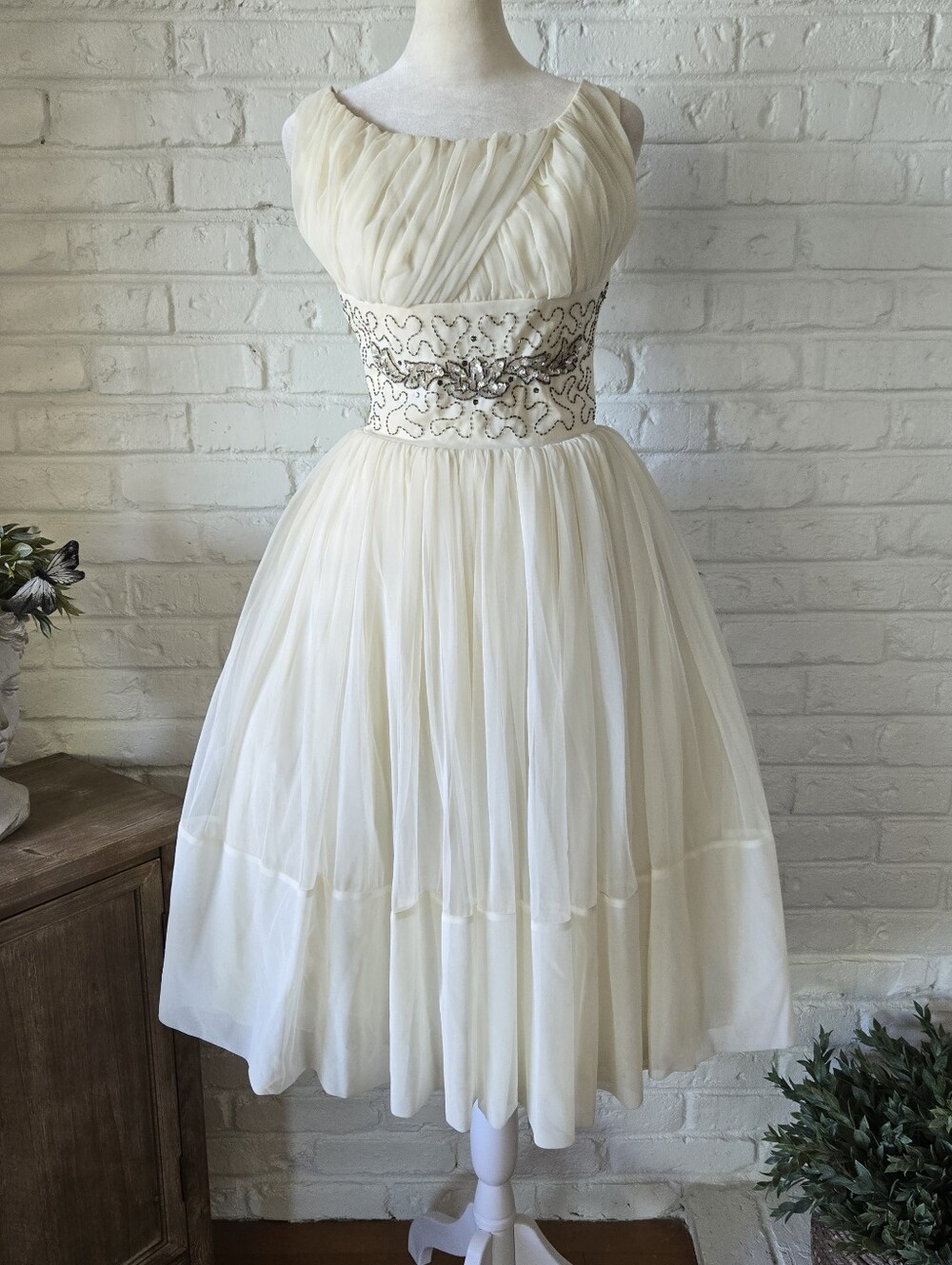 Vtg 50s Beaded Tea Dress, Ivory, Party/ Wedding, XS Or 2/4